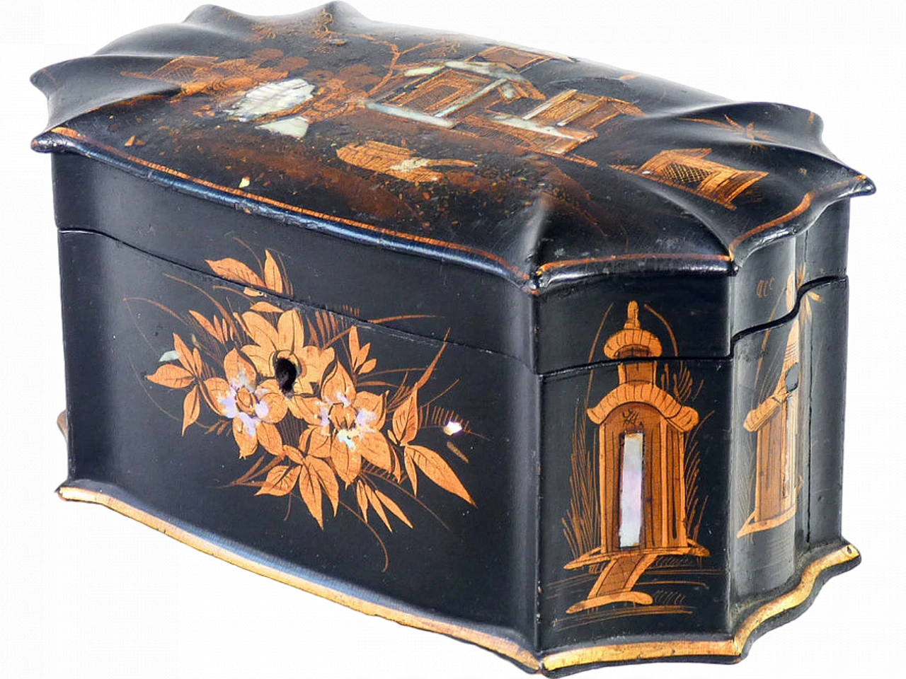 Tea box covered in painted and inlaid leather, late 19th century 16