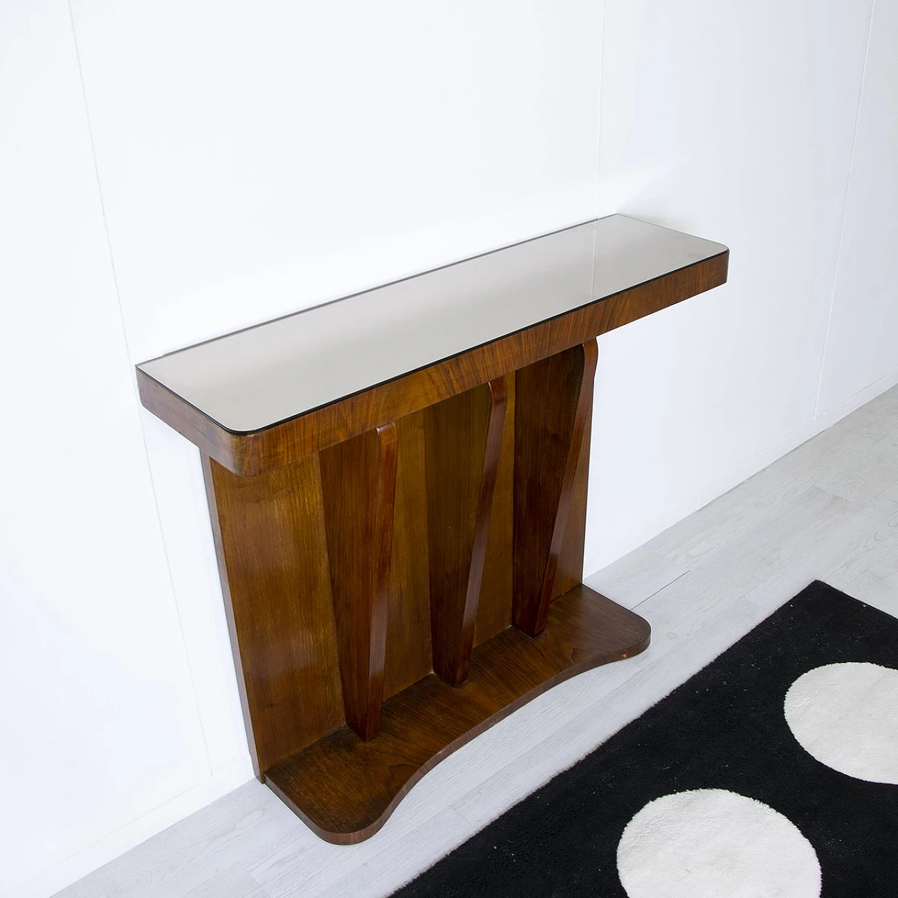 Consolle Art Déco in noce con piano in specchio, anni '30 4
