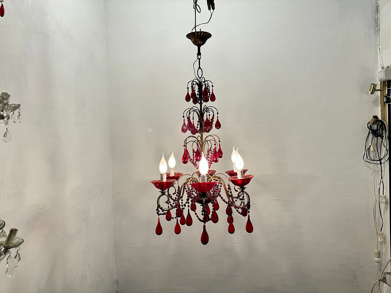 Lampadario in vetro di Murano rosso fiorentino, anni '50 3