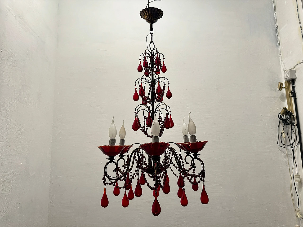 Lampadario in vetro di Murano rosso fiorentino, anni '50 4