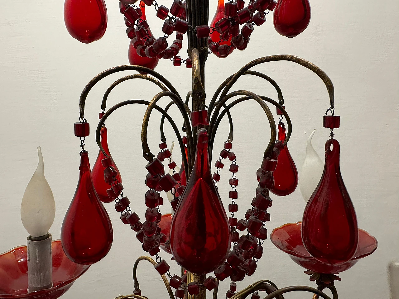 Lampadario in vetro di Murano rosso fiorentino, anni '50 6