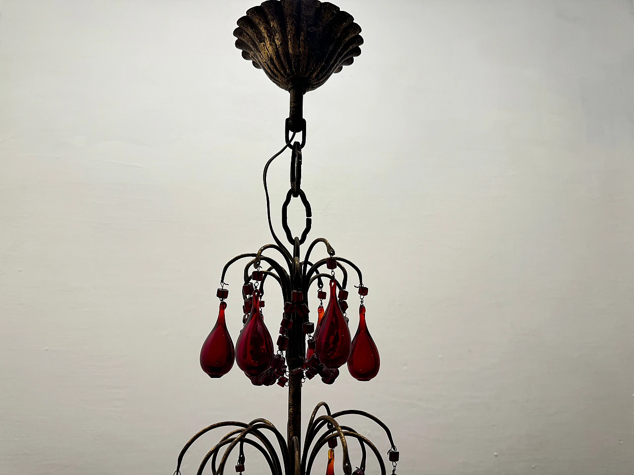 Lampadario in vetro di Murano rosso fiorentino, anni '50 9