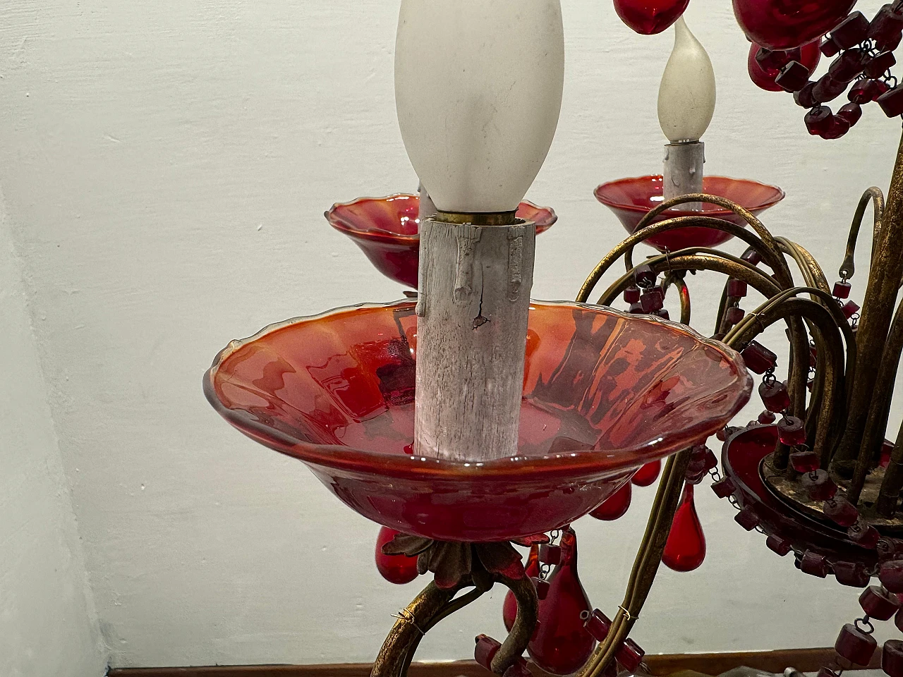Lampadario in vetro di Murano rosso fiorentino, anni '50 10