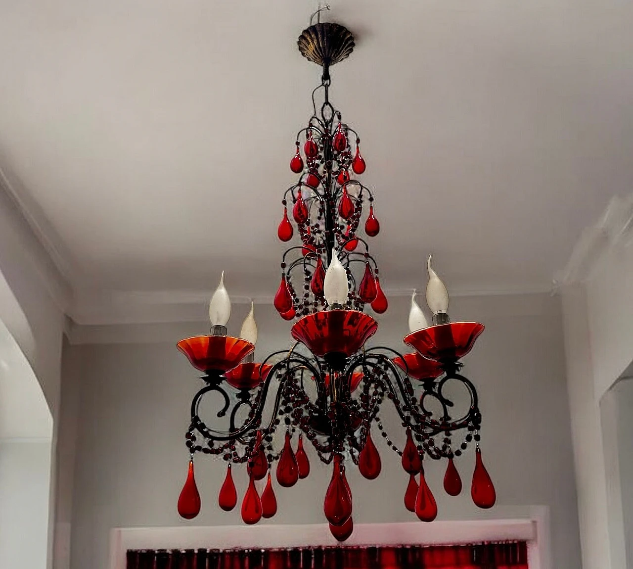 Lampadario in vetro di Murano rosso fiorentino, anni '50 12
