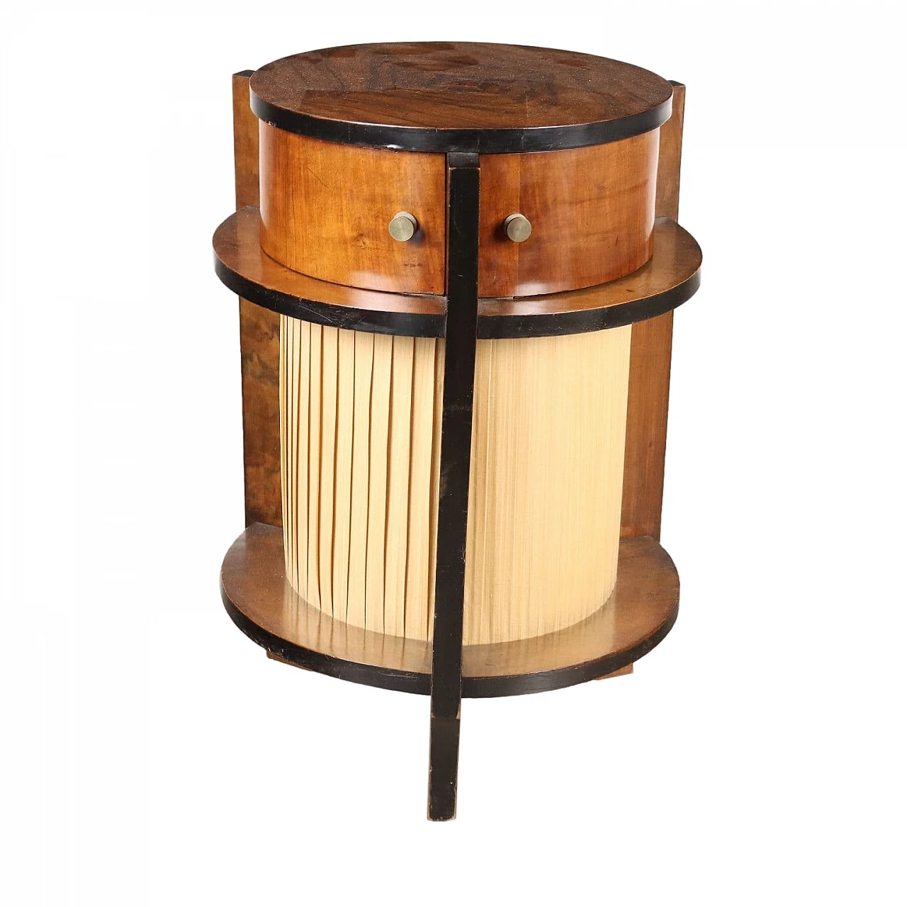 Cylindrical walnut & pleated fabric side table with pull-out drawers 1