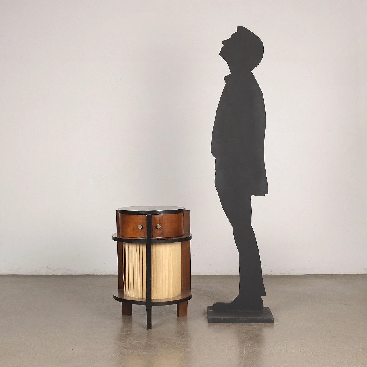 Cylindrical walnut & pleated fabric side table with pull-out drawers 2