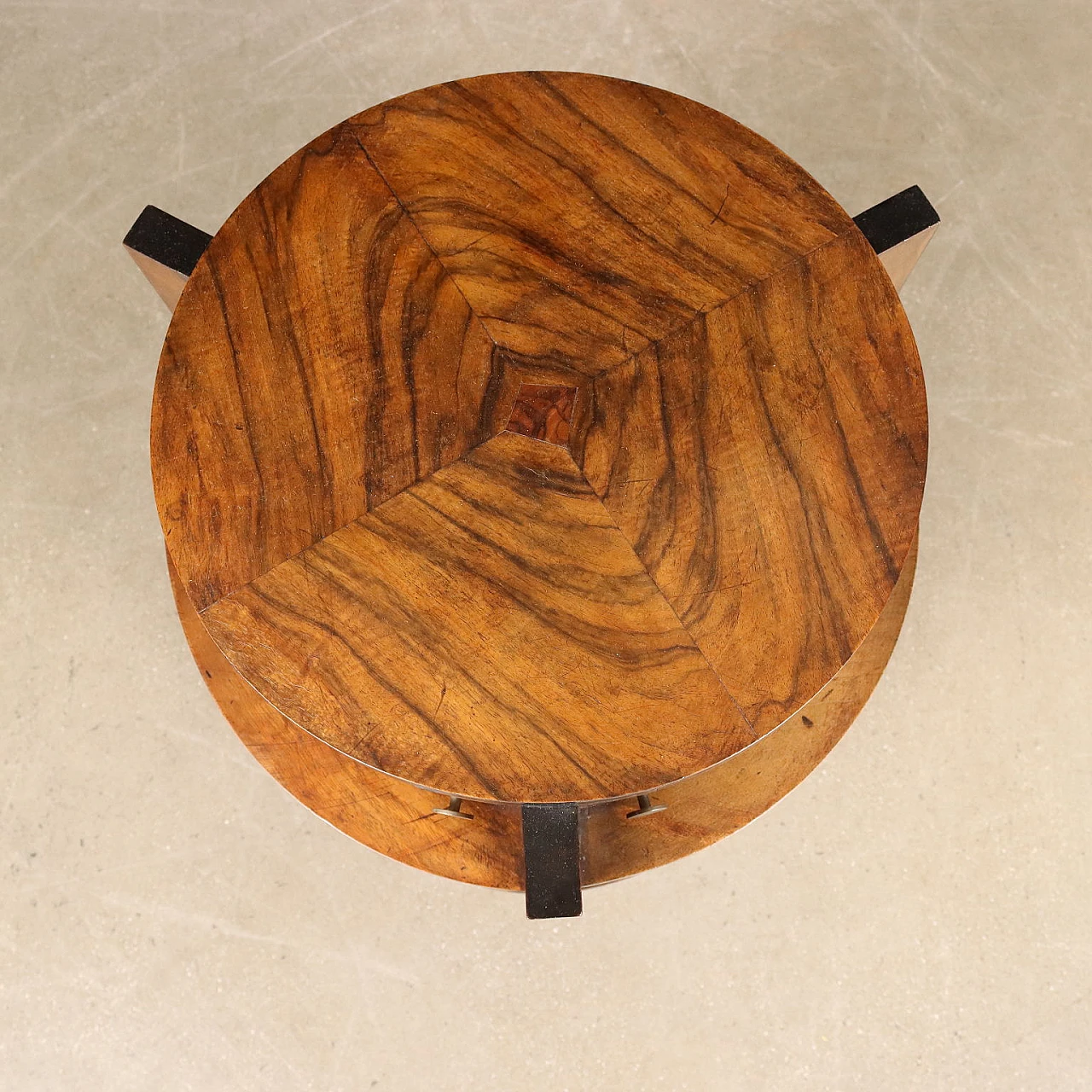 Cylindrical walnut & pleated fabric side table with pull-out drawers 3