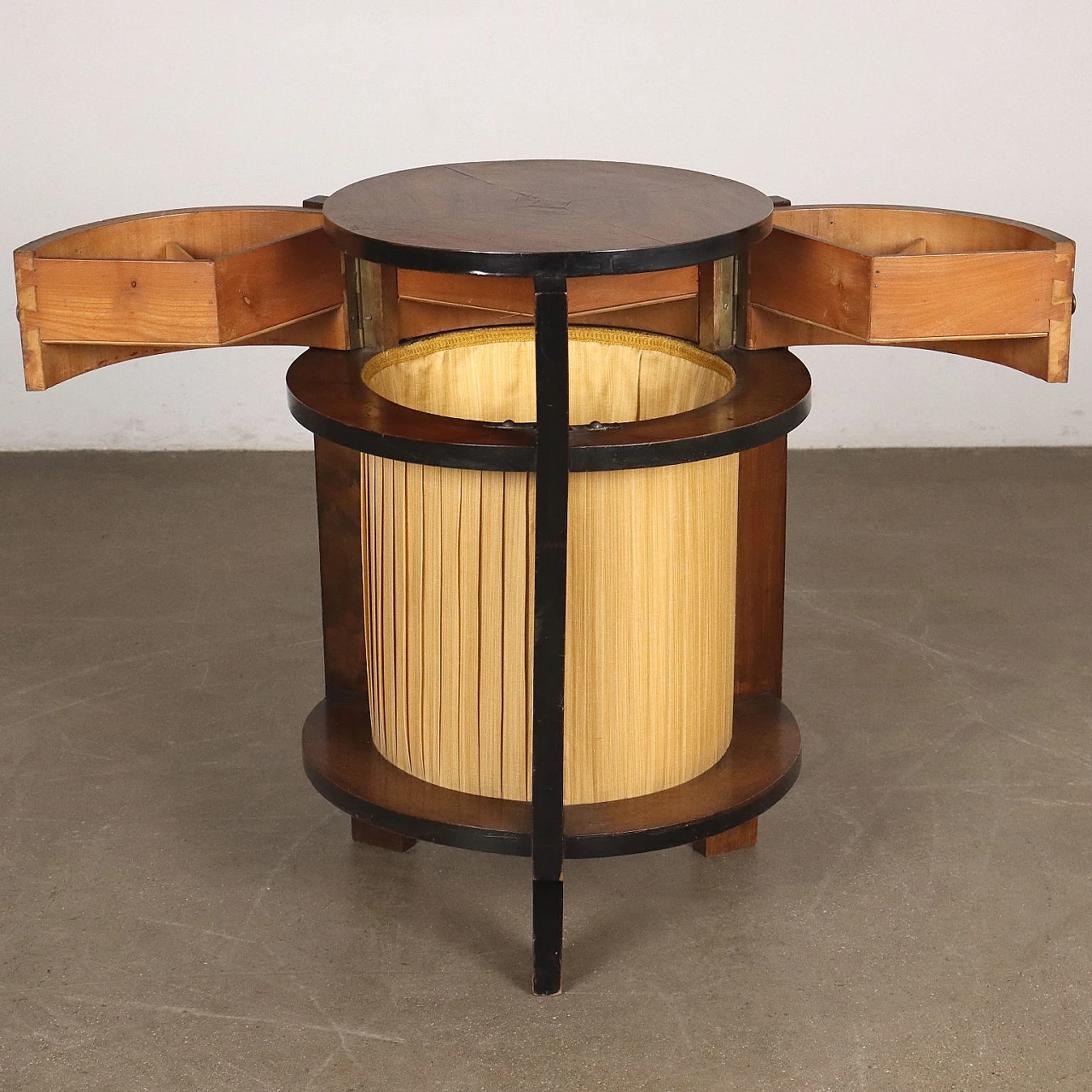 Cylindrical walnut & pleated fabric side table with pull-out drawers 4