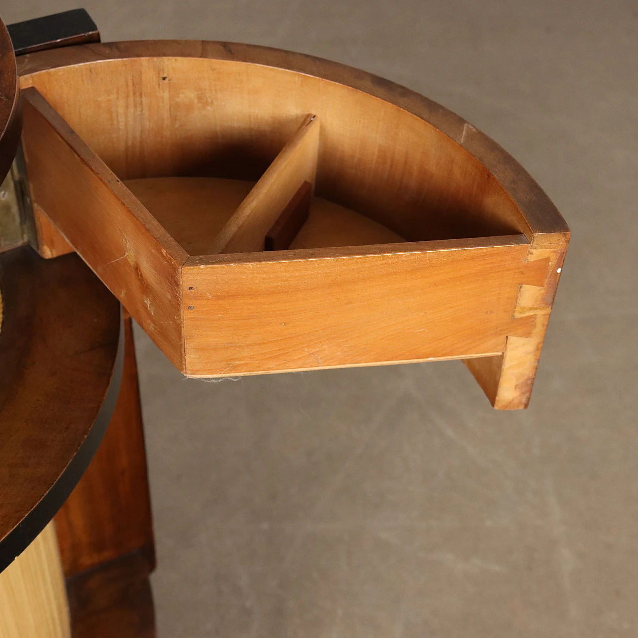 Cylindrical walnut & pleated fabric side table with pull-out drawers 5