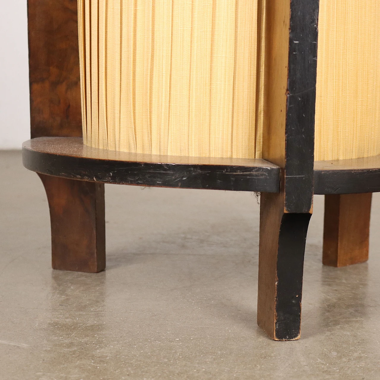 Cylindrical walnut & pleated fabric side table with pull-out drawers 6