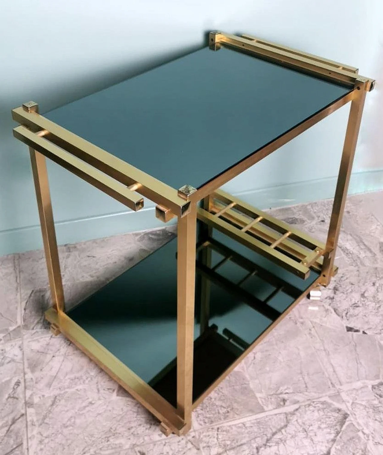 Carrello da bar in alluminio anodizzato e specchi fumé, anni '70 6