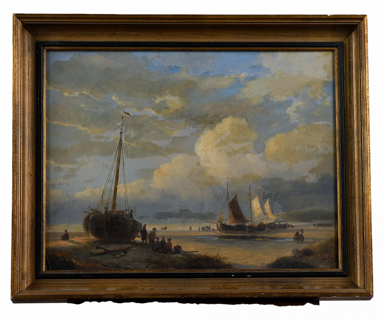 Harbour with boats, oil on panel, 19th century 1