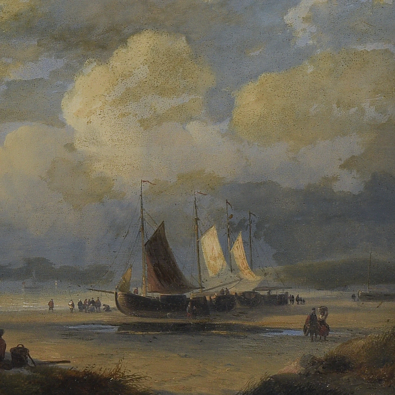 Harbour with boats, oil on panel, 19th century 3