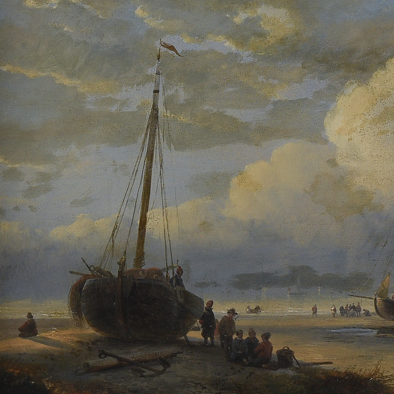 Harbour with boats, oil on panel, 19th century 4
