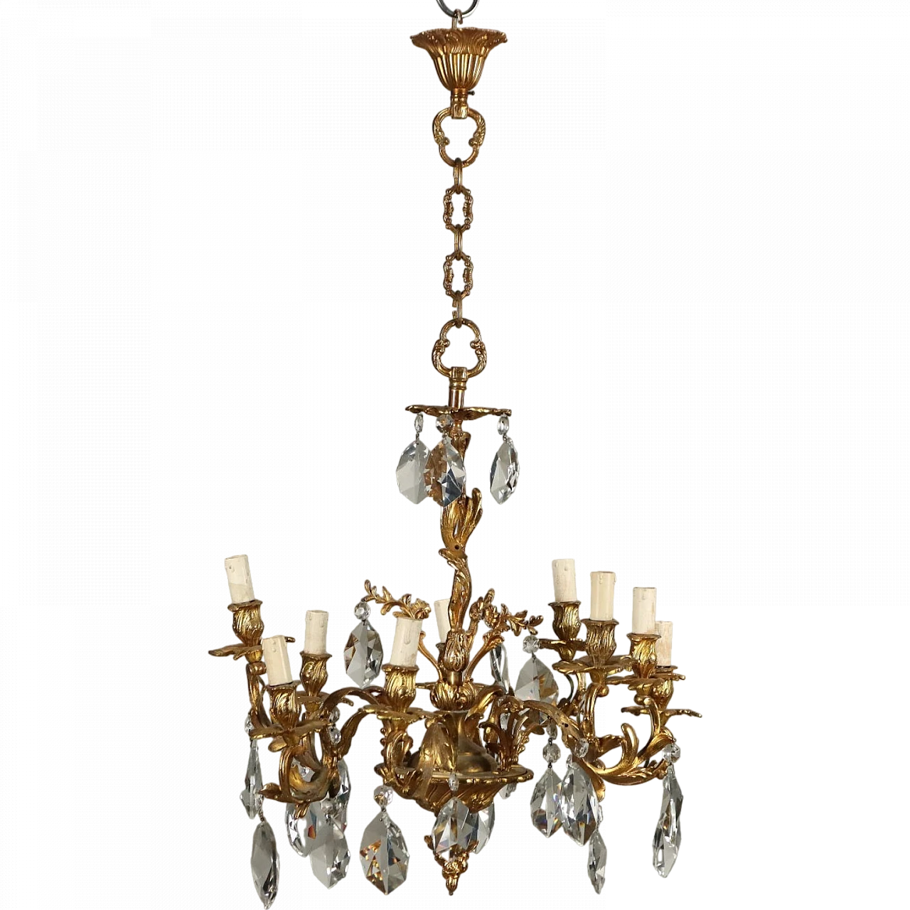 Rococo style 9-light chandelier in gilded bronze and glass 11