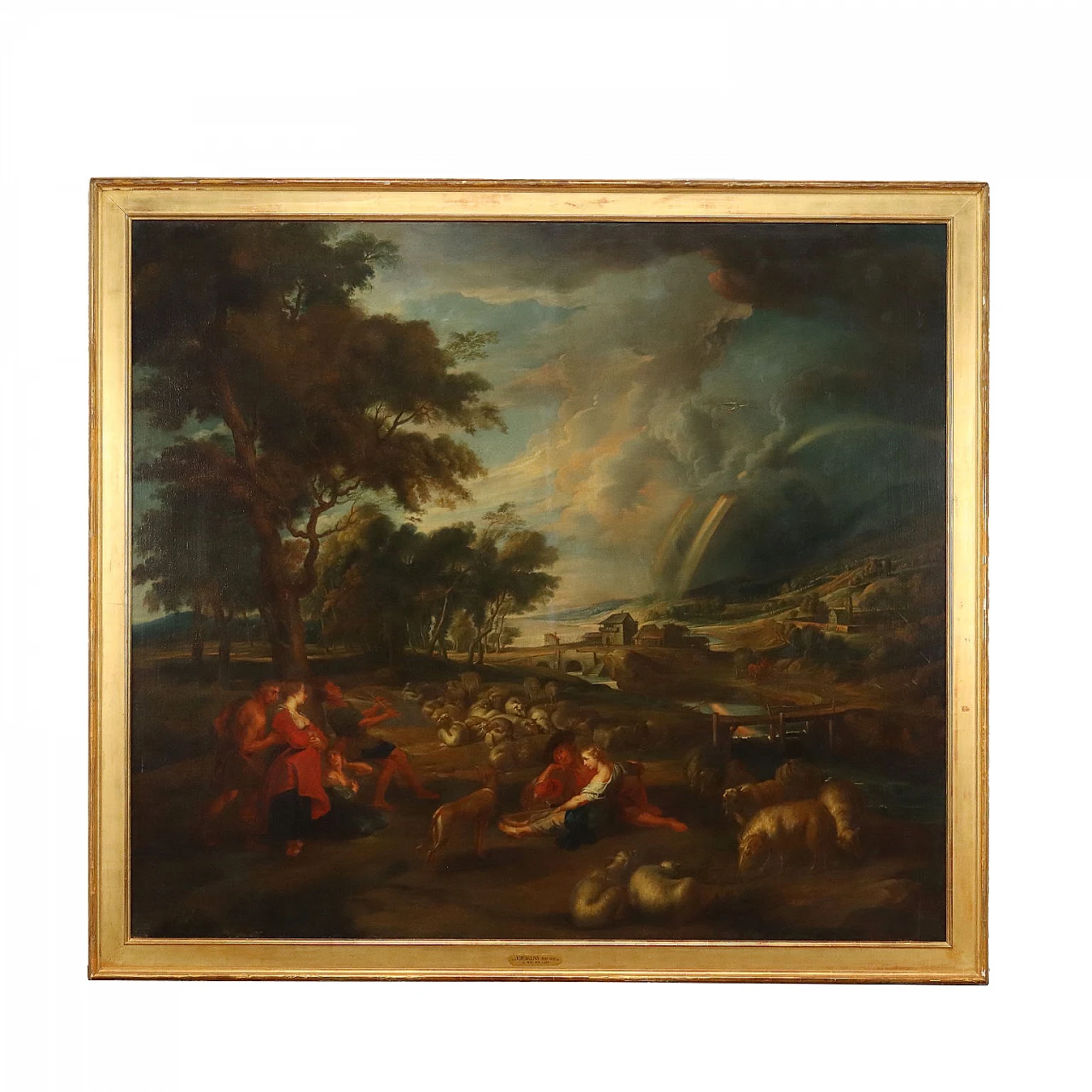 Paesaggio con arcobaleno, dipinto a olio su tela attribuito a Jacob Jordaens, '700 1