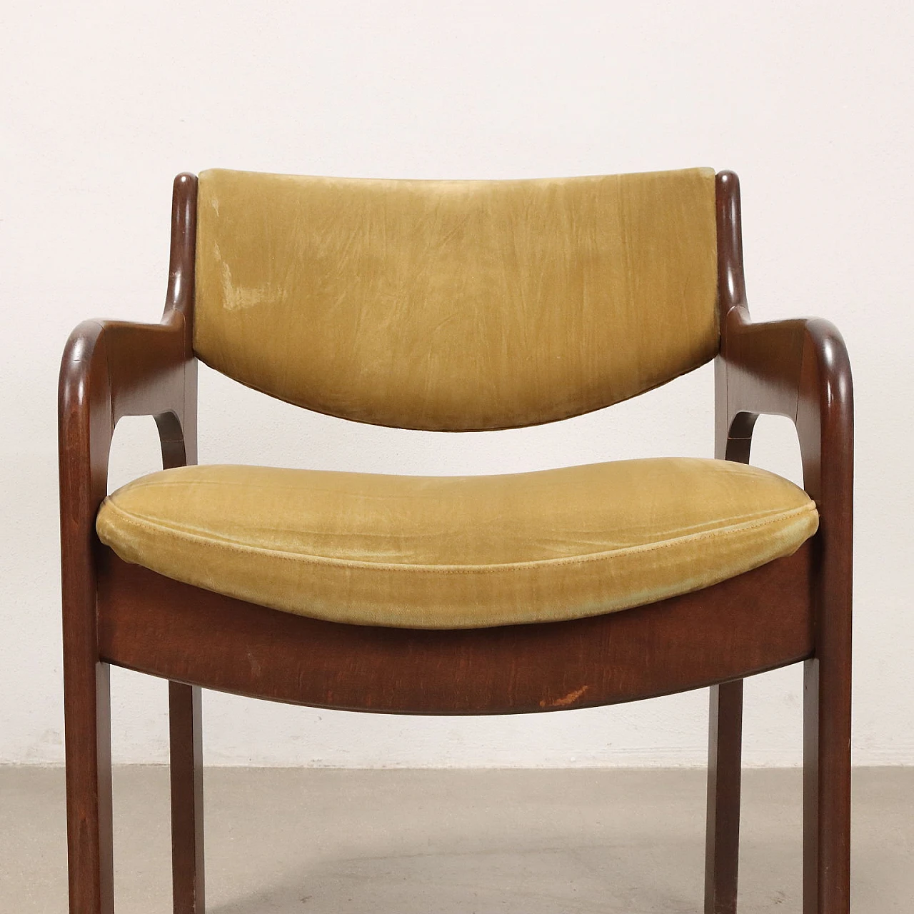 4 Sedie con braccioli in legno e velluto verde, anni '60 6