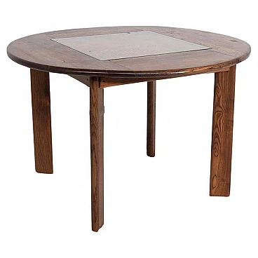Round dining table in wood, Vienna straw & glass, 1960s
