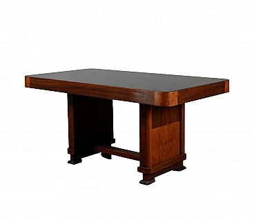 Rectangular Art Deco table in wood with glass top