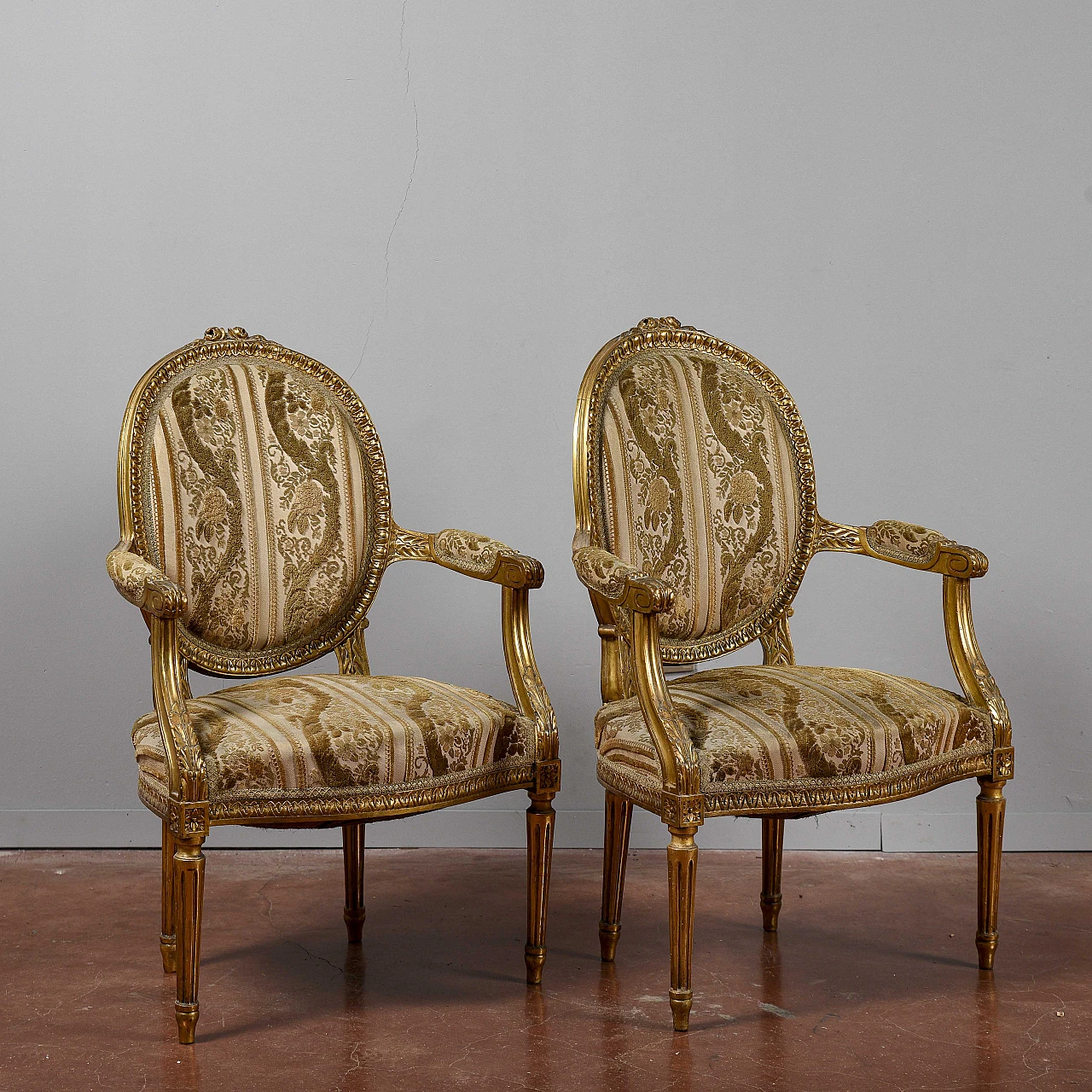 Pair of Napoleon III armchairs in gilded wood & velour, 19th century 2