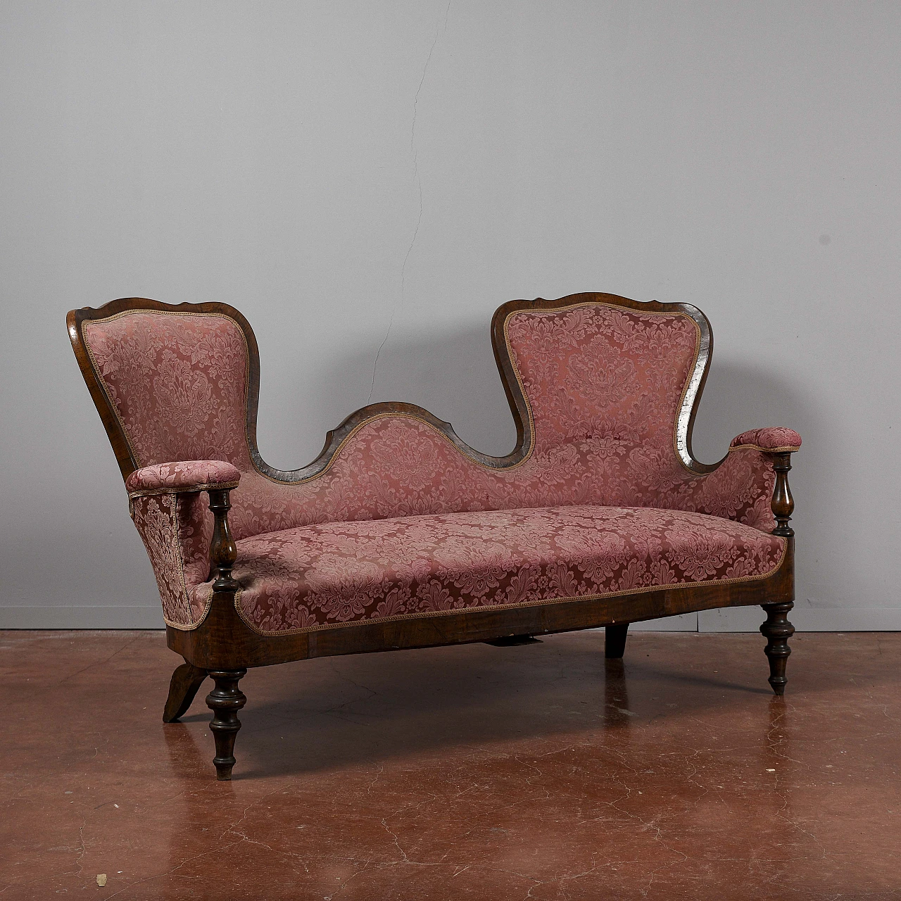 Conversation sofa in walnut and burgundy damask fabric, 19th century 2