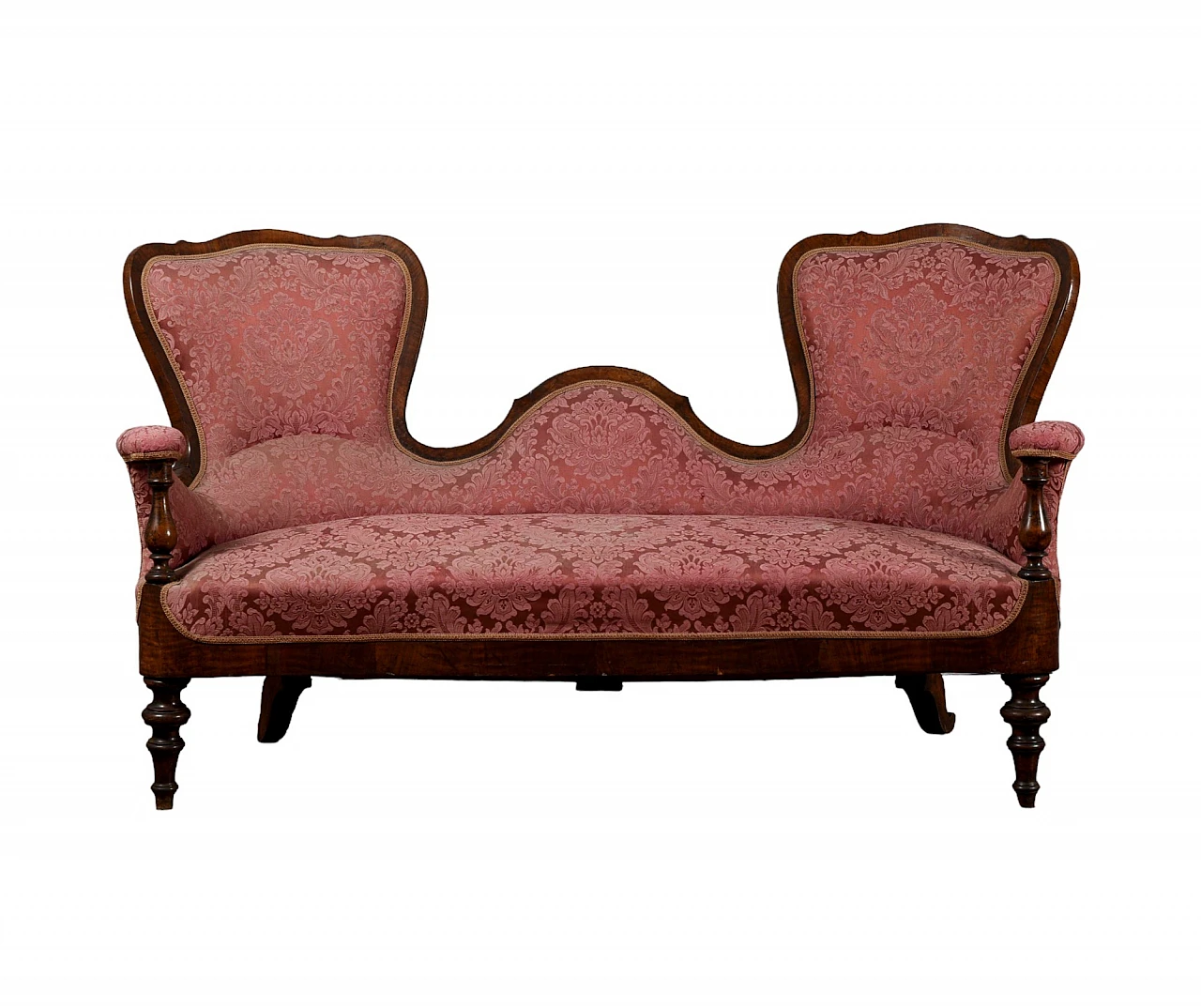 Conversation sofa in walnut and burgundy damask fabric, 19th century 9