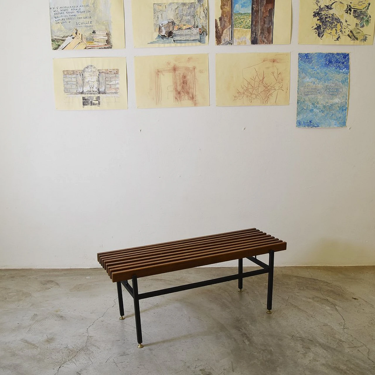 Panca con doghe in legno su struttura in metallo, anni '60 6