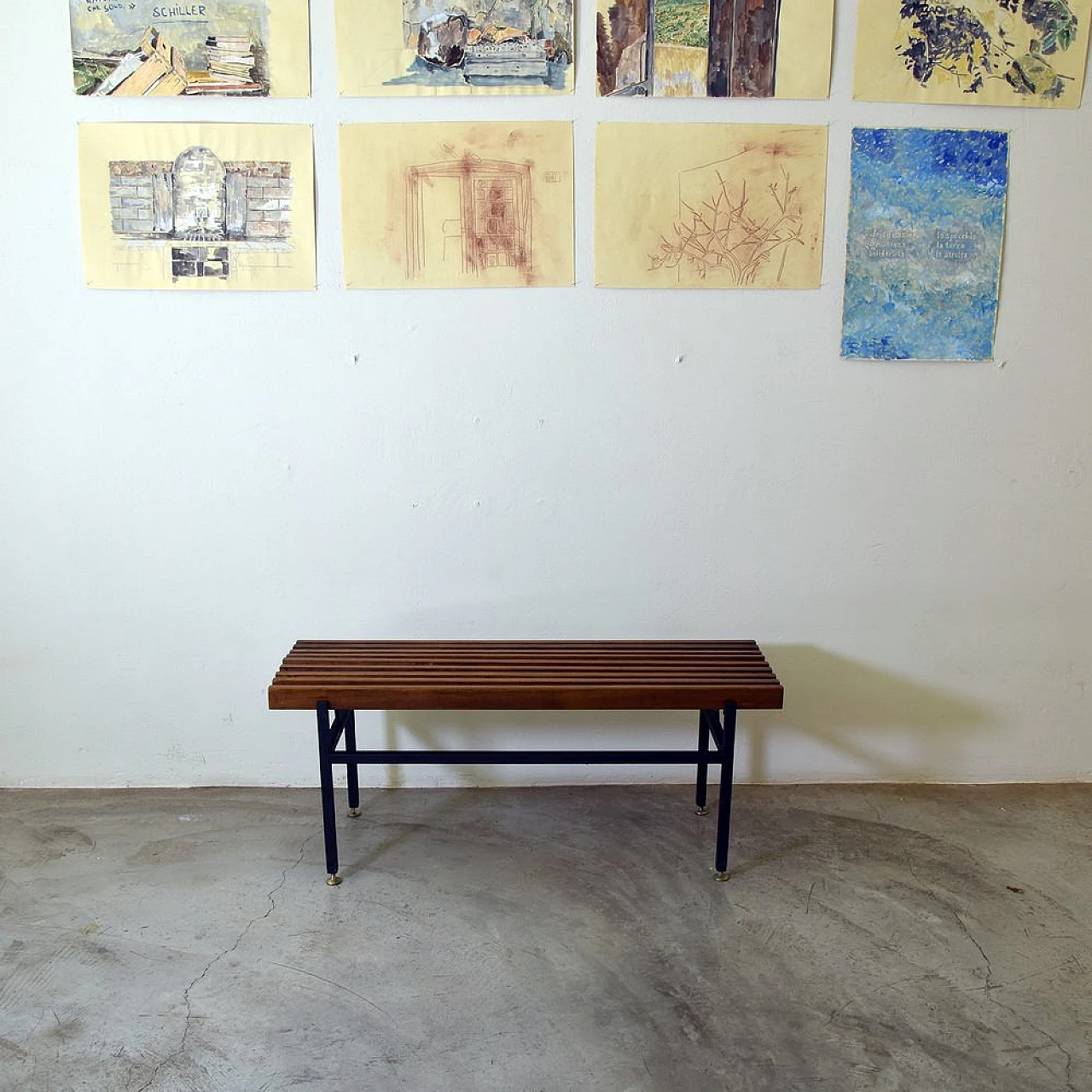 Panca con doghe in legno su struttura in metallo, anni '60 7