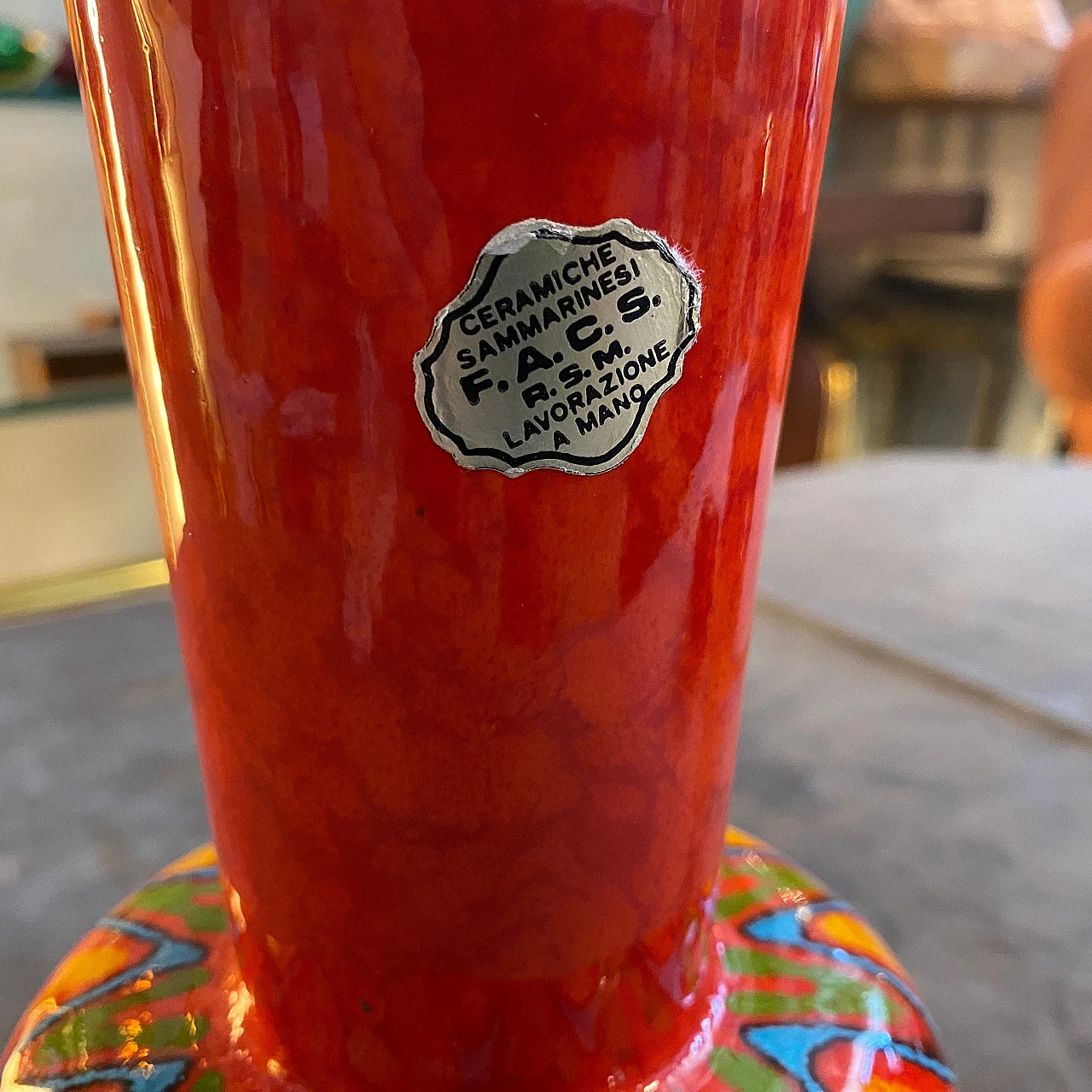 Hand-painted San Marino red ceramic vase in Bertoncello style, 1950s 2