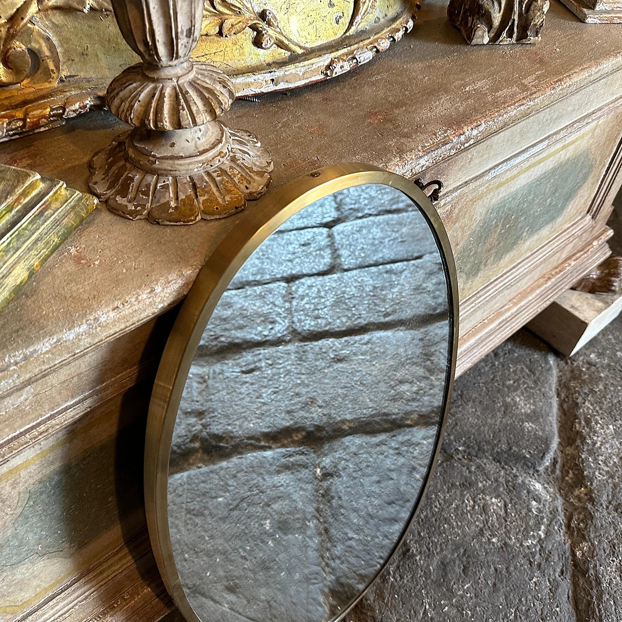 Oval wall mirror with brass frame in the style of Gio Ponti, 1950s 8