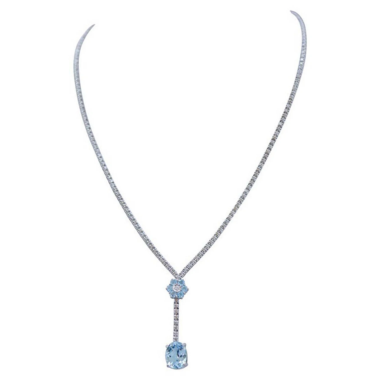 14 Karat white gold tennis necklace with diamonds & topaz, 1970s 1