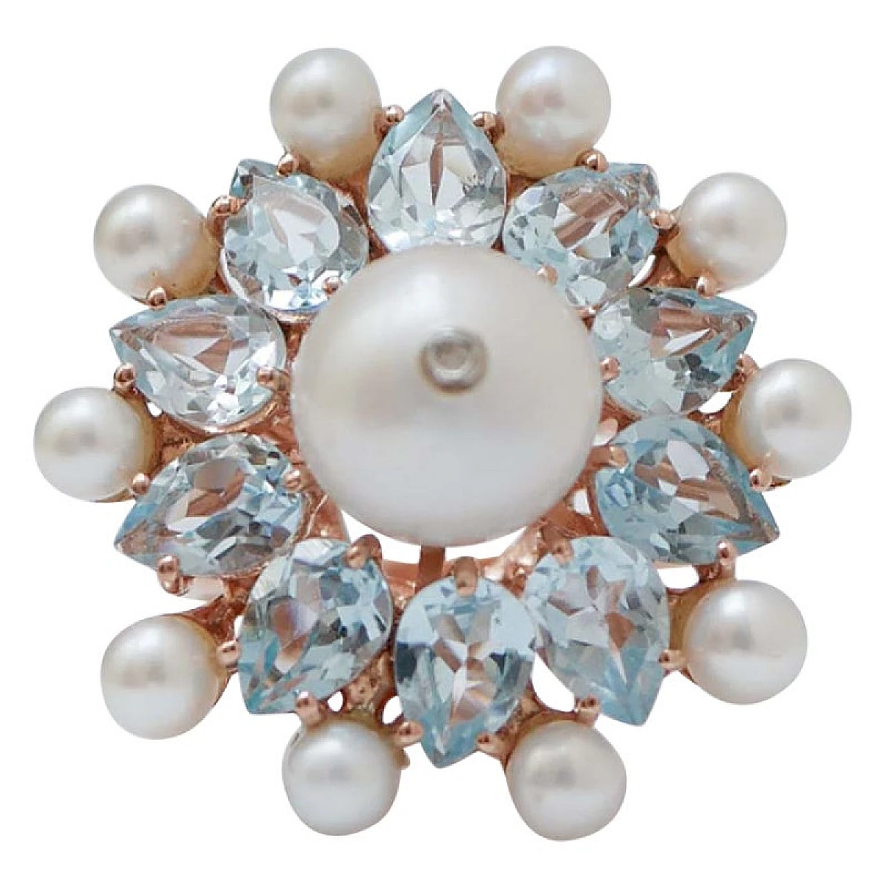 Anello in oro rosa e argento 14 carati con topazi, perle e diamanti 1