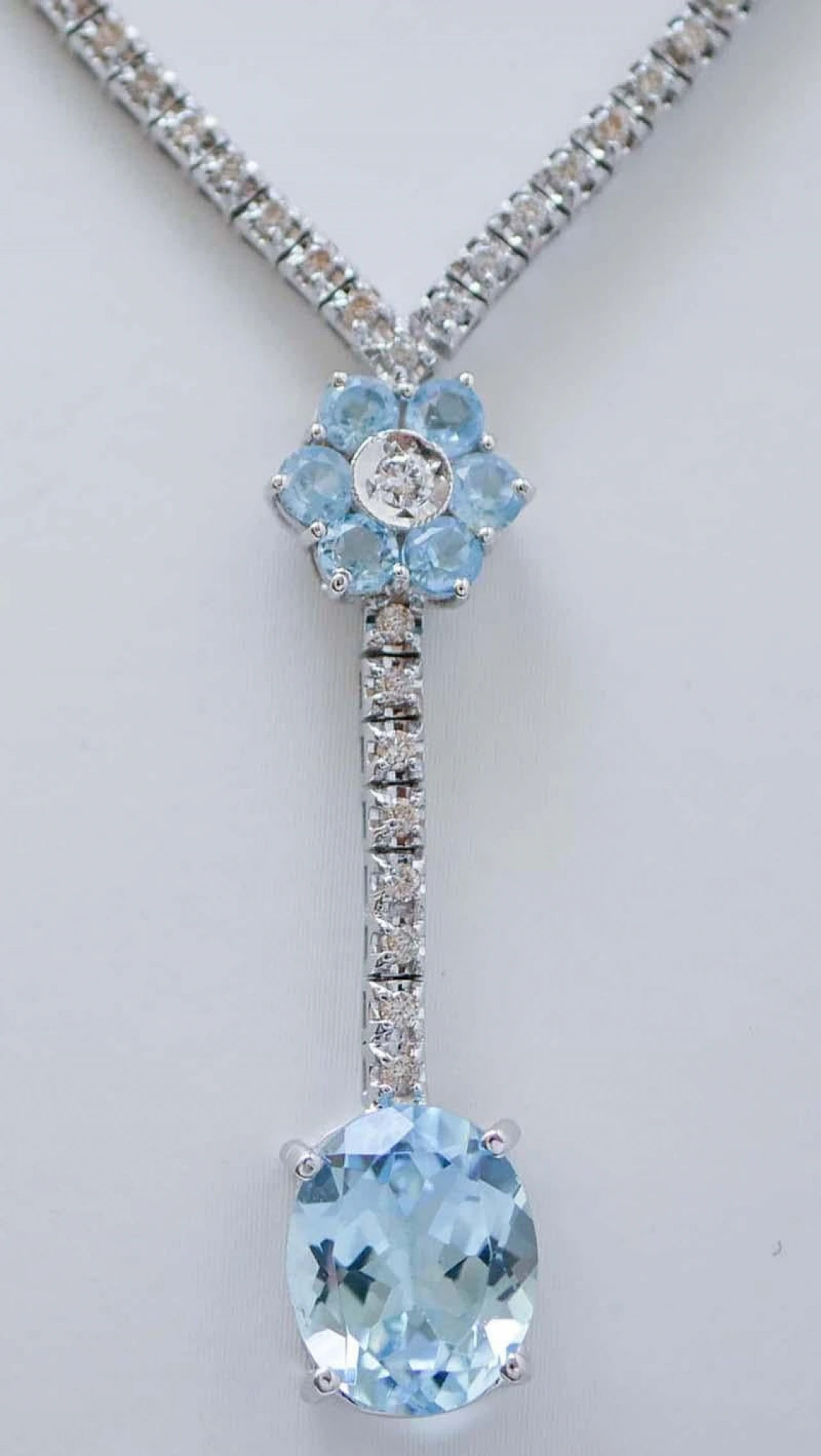 14 Karat white gold tennis necklace with diamonds & topaz, 1970s 2