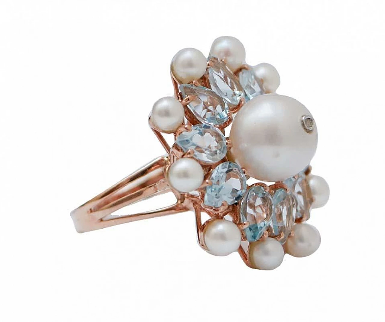 Anello in oro rosa e argento 14 carati con topazi, perle e diamanti 2