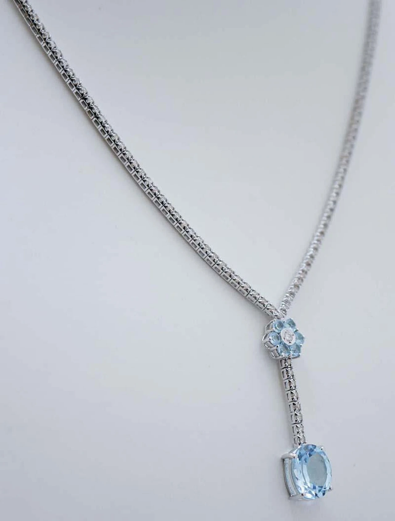 14 Karat white gold tennis necklace with diamonds & topaz, 1970s 3
