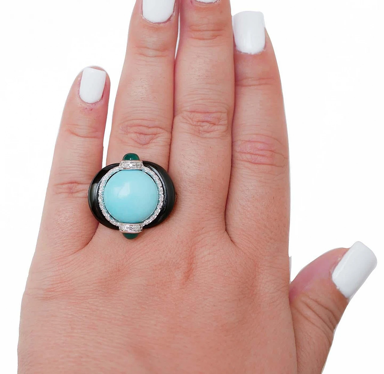 Platinum ring with turquoise, onyx, agate & diamonds, 1970s 4