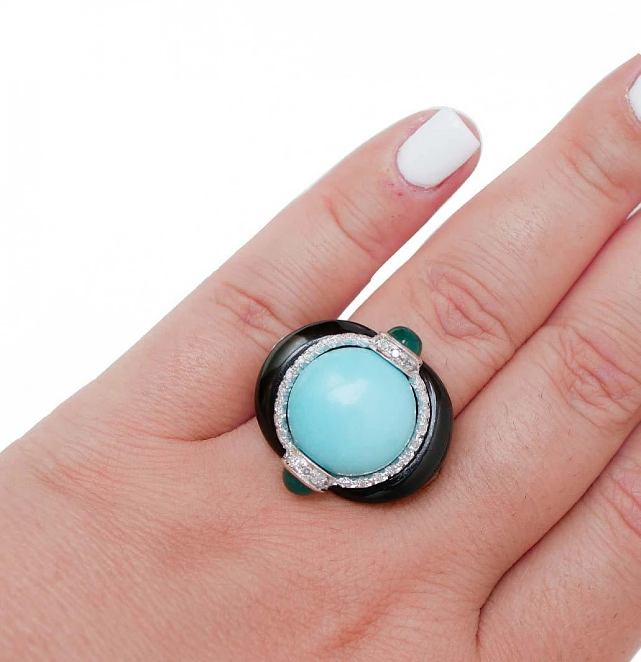 Platinum ring with turquoise, onyx, agate & diamonds, 1970s 5