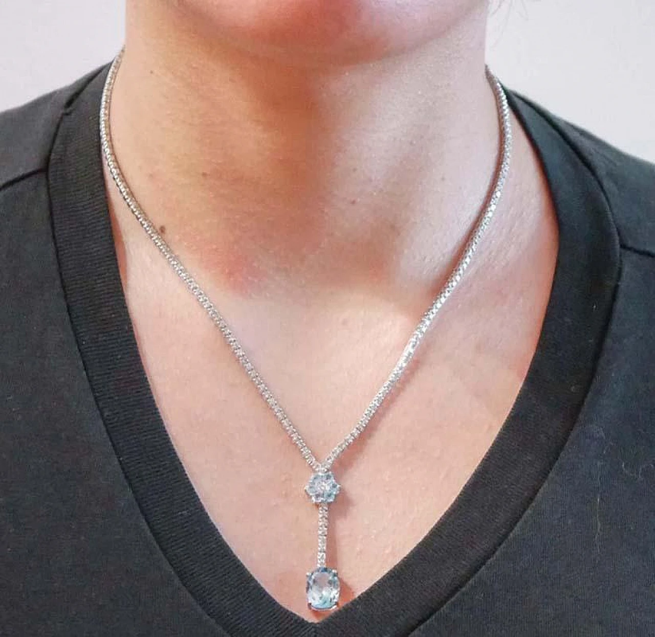 14 Karat white gold tennis necklace with diamonds & topaz, 1970s 6