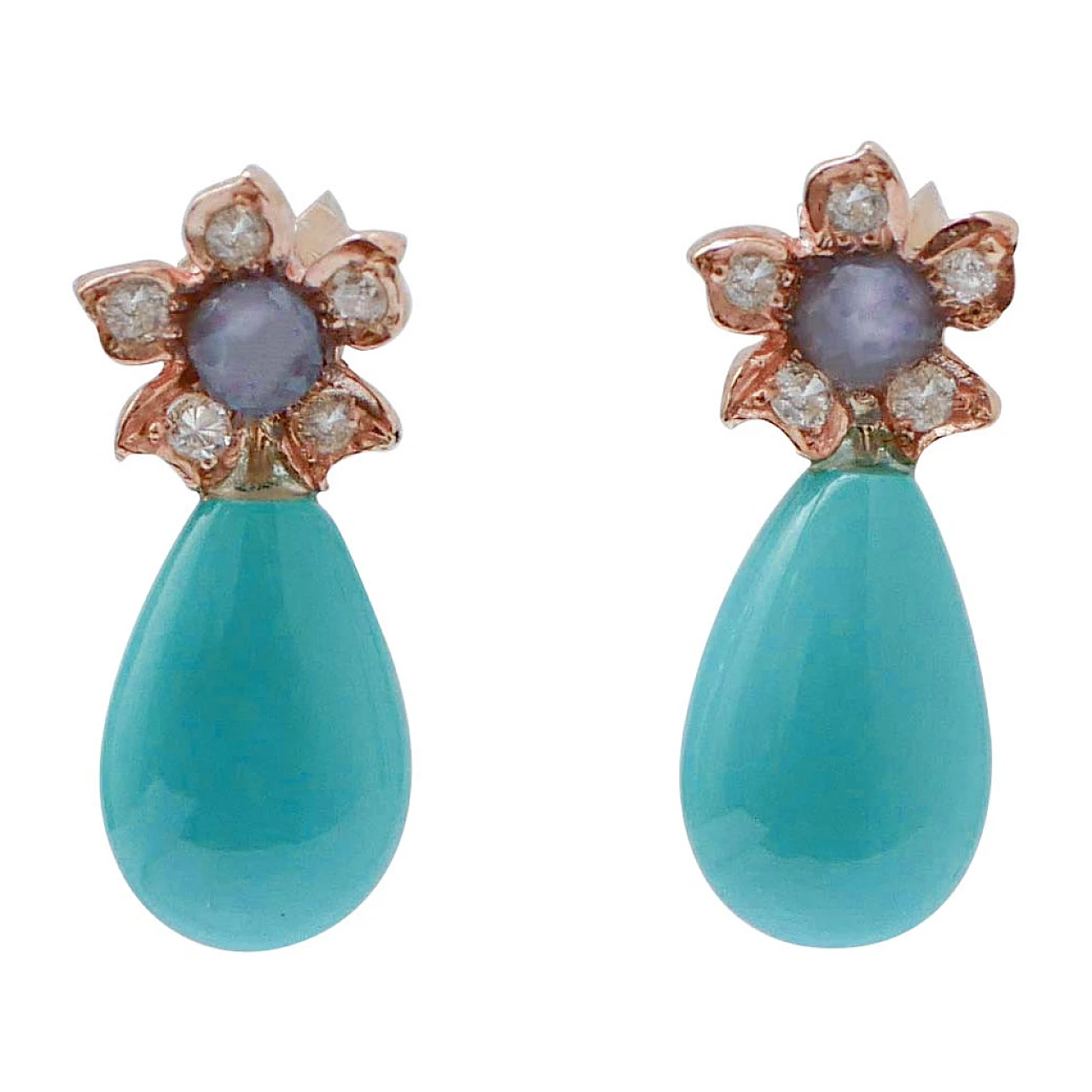 Pair of rose gold earrings with turquoise, sapphires and diamonds 1