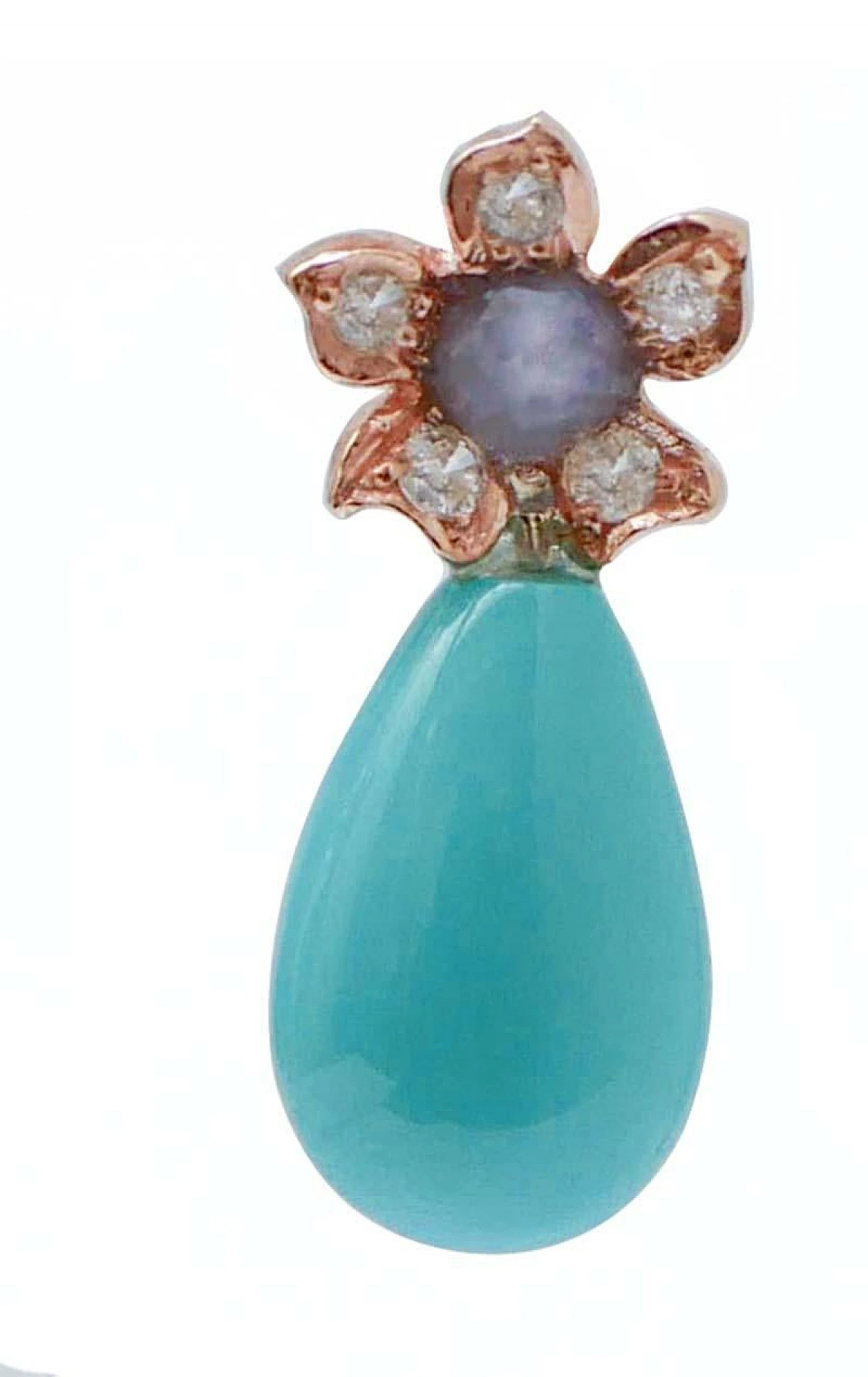 Pair of rose gold earrings with turquoise, sapphires and diamonds 2