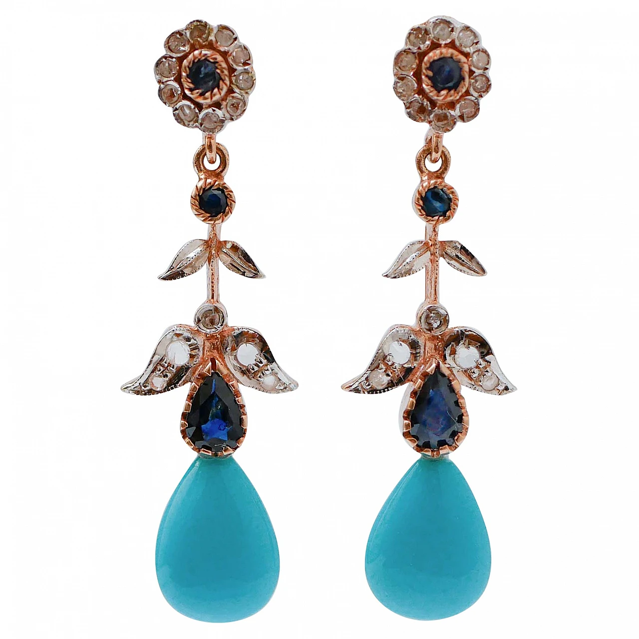 Pair of rose gold & silver earrings with turquoise and sapphires 1