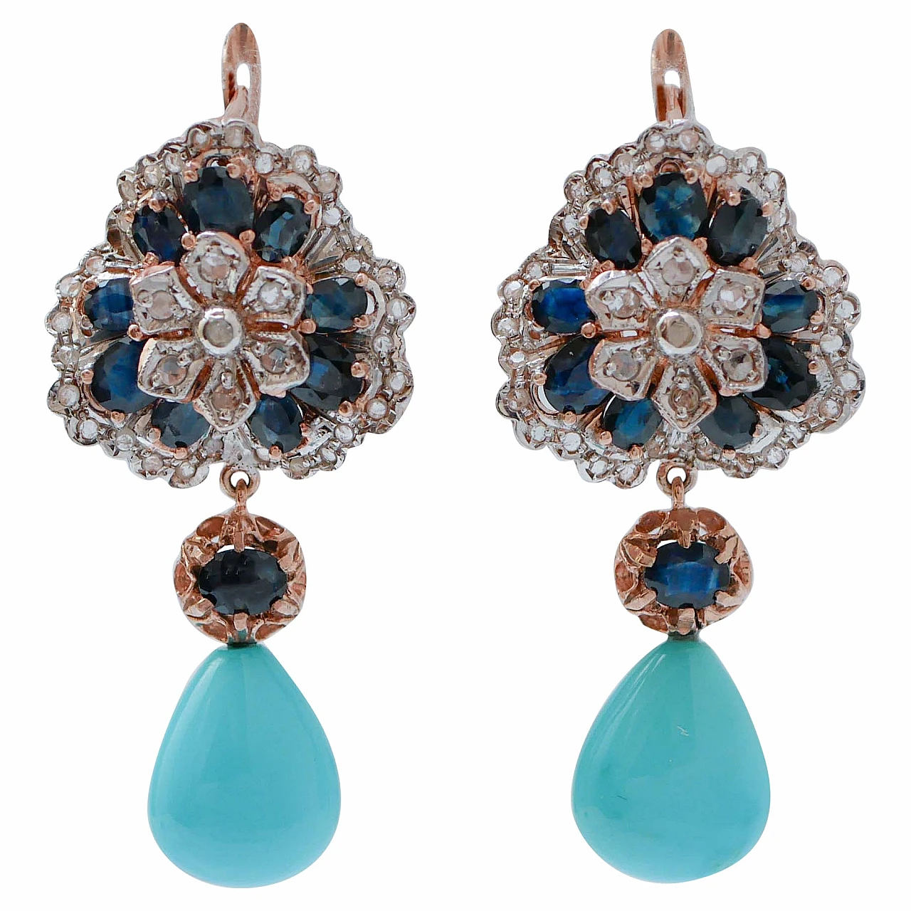 Pair of rose gold & silver earrings with sapphires and diamonds, 1970s 1