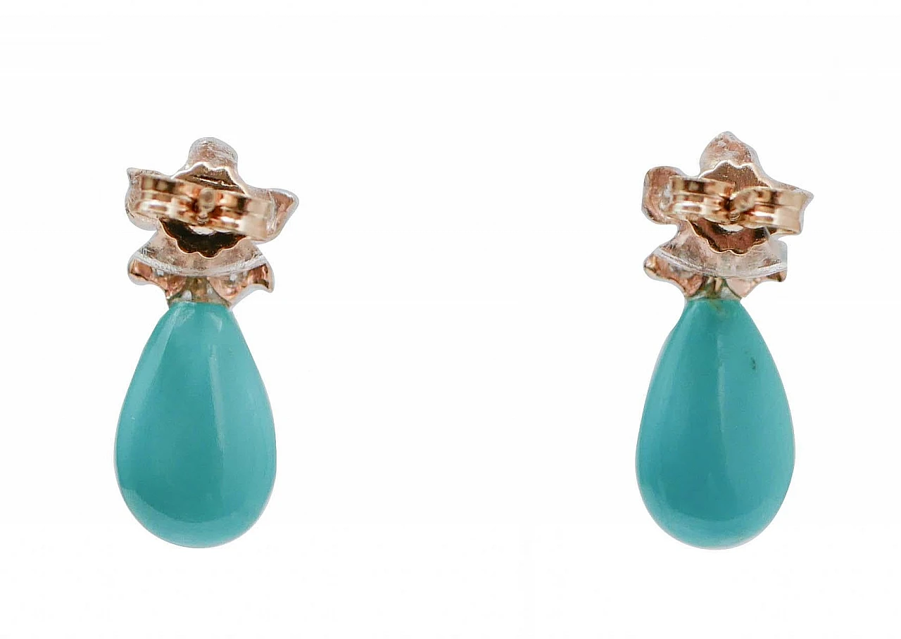 Pair of rose gold earrings with turquoise, sapphires and diamonds 3