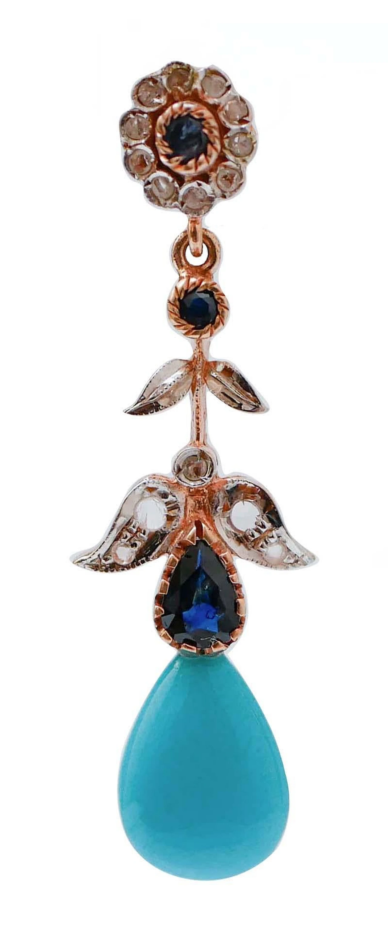 Pair of rose gold & silver earrings with turquoise and sapphires 2