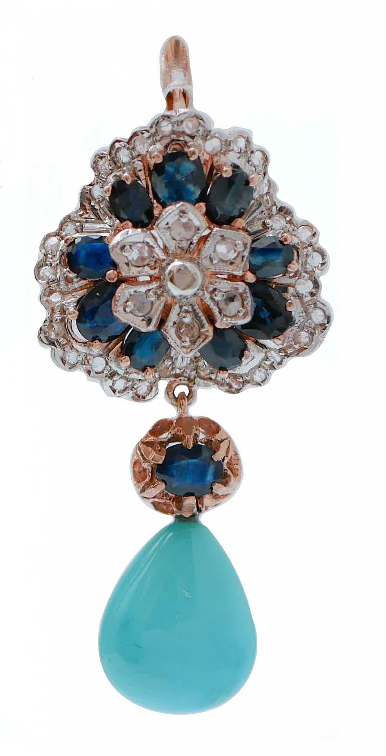 Pair of rose gold & silver earrings with sapphires and diamonds, 1970s 2