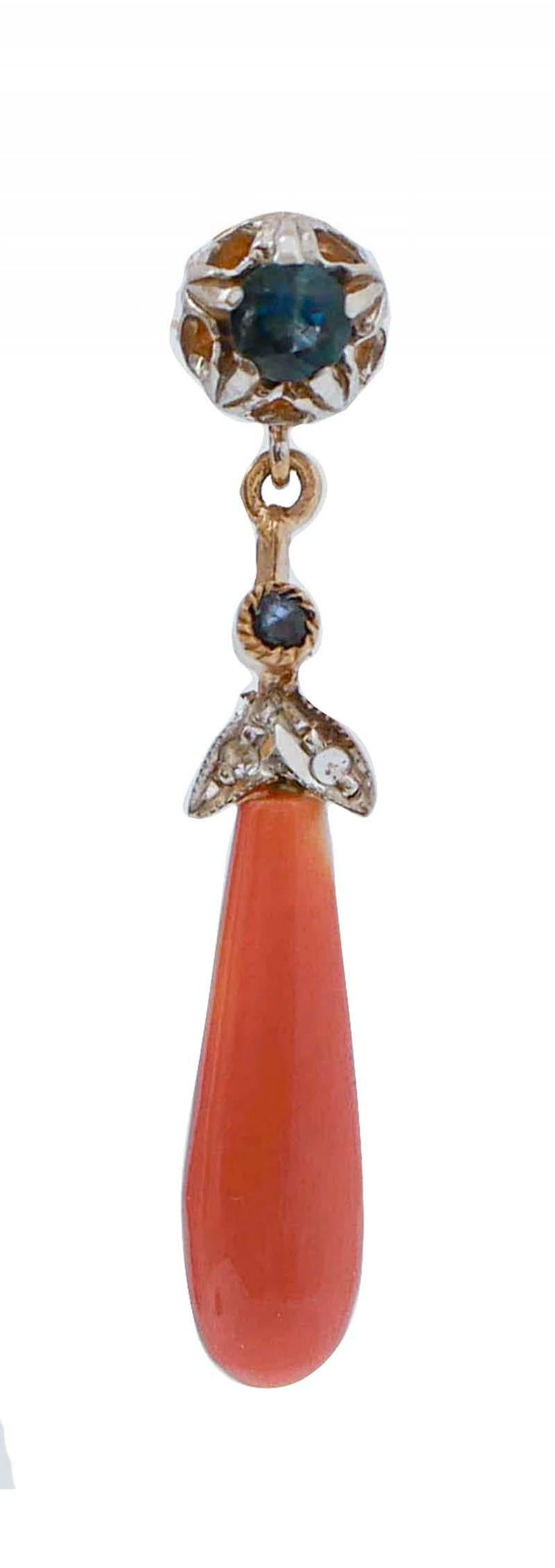 Coppia di Orecchini in oro rosa e argento con corallo e zaffiri 2