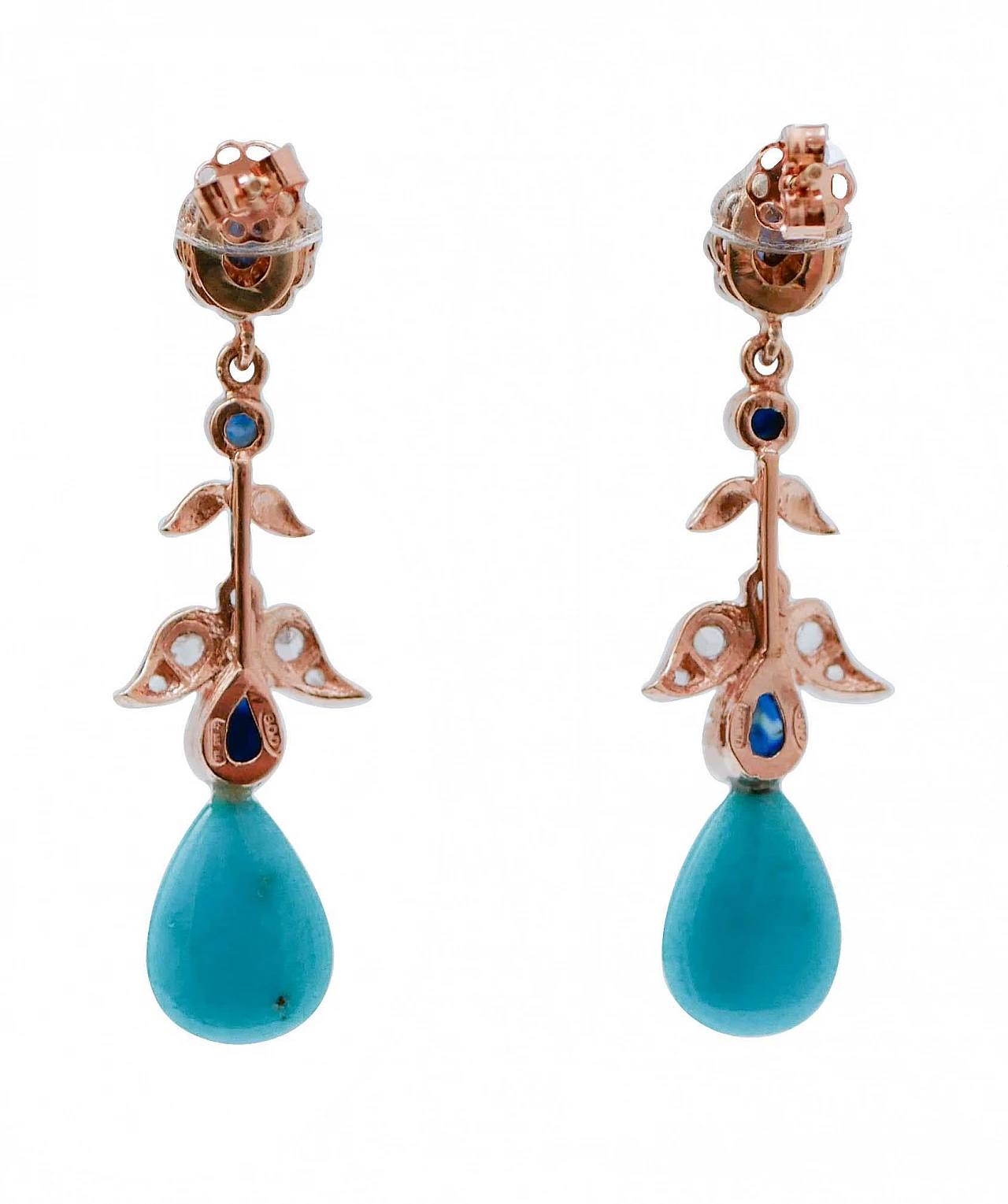 Pair of rose gold & silver earrings with turquoise and sapphires 3