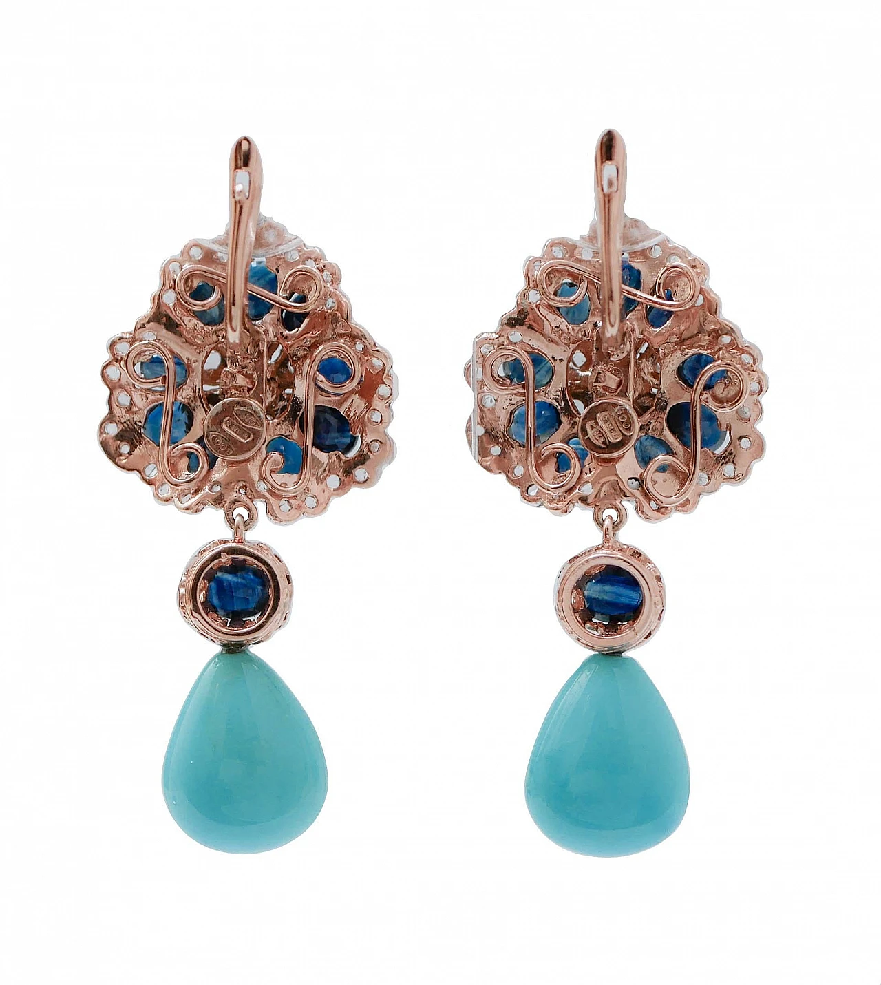 Pair of rose gold & silver earrings with sapphires and diamonds, 1970s 3