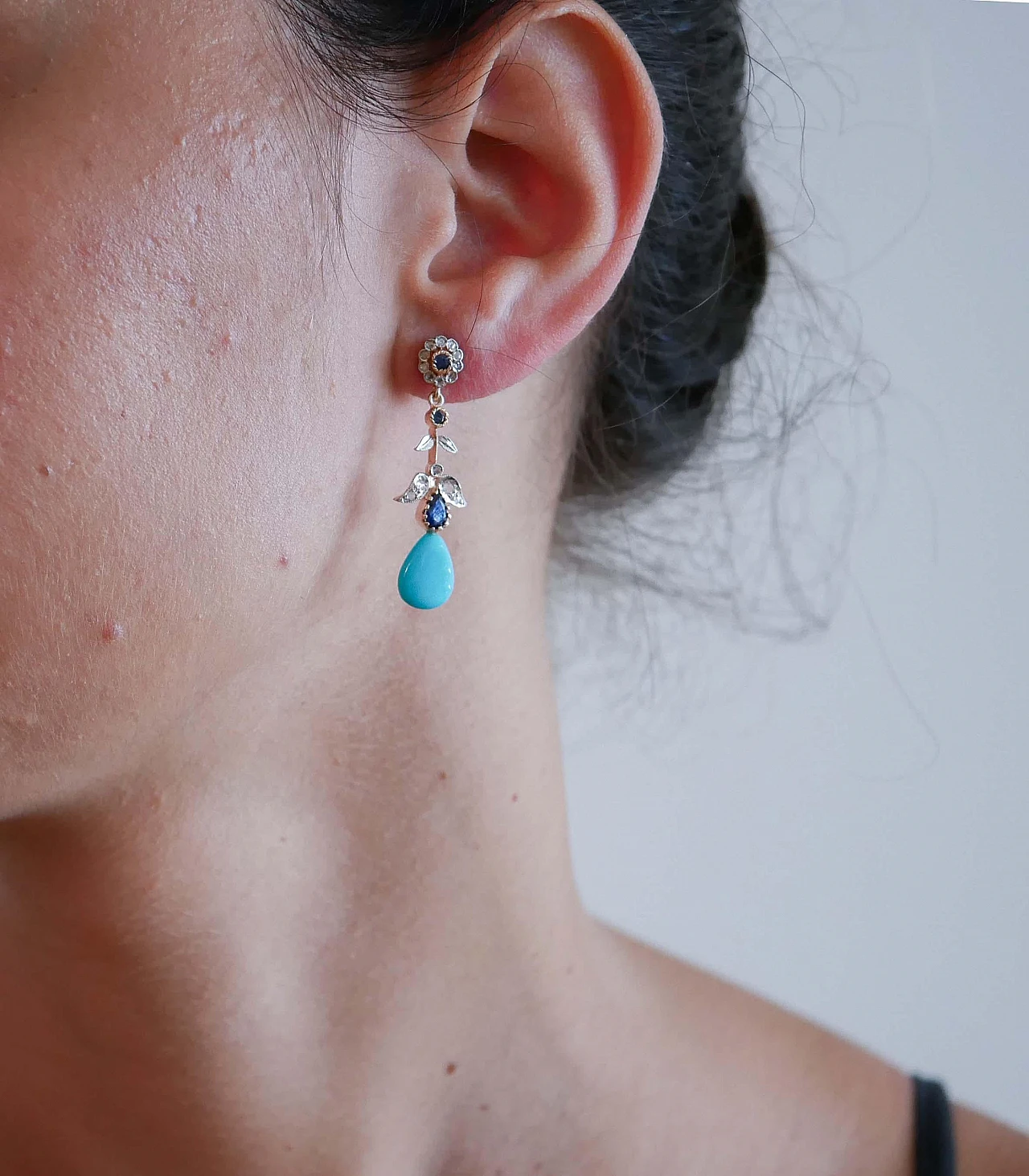 Pair of rose gold & silver earrings with turquoise and sapphires 4