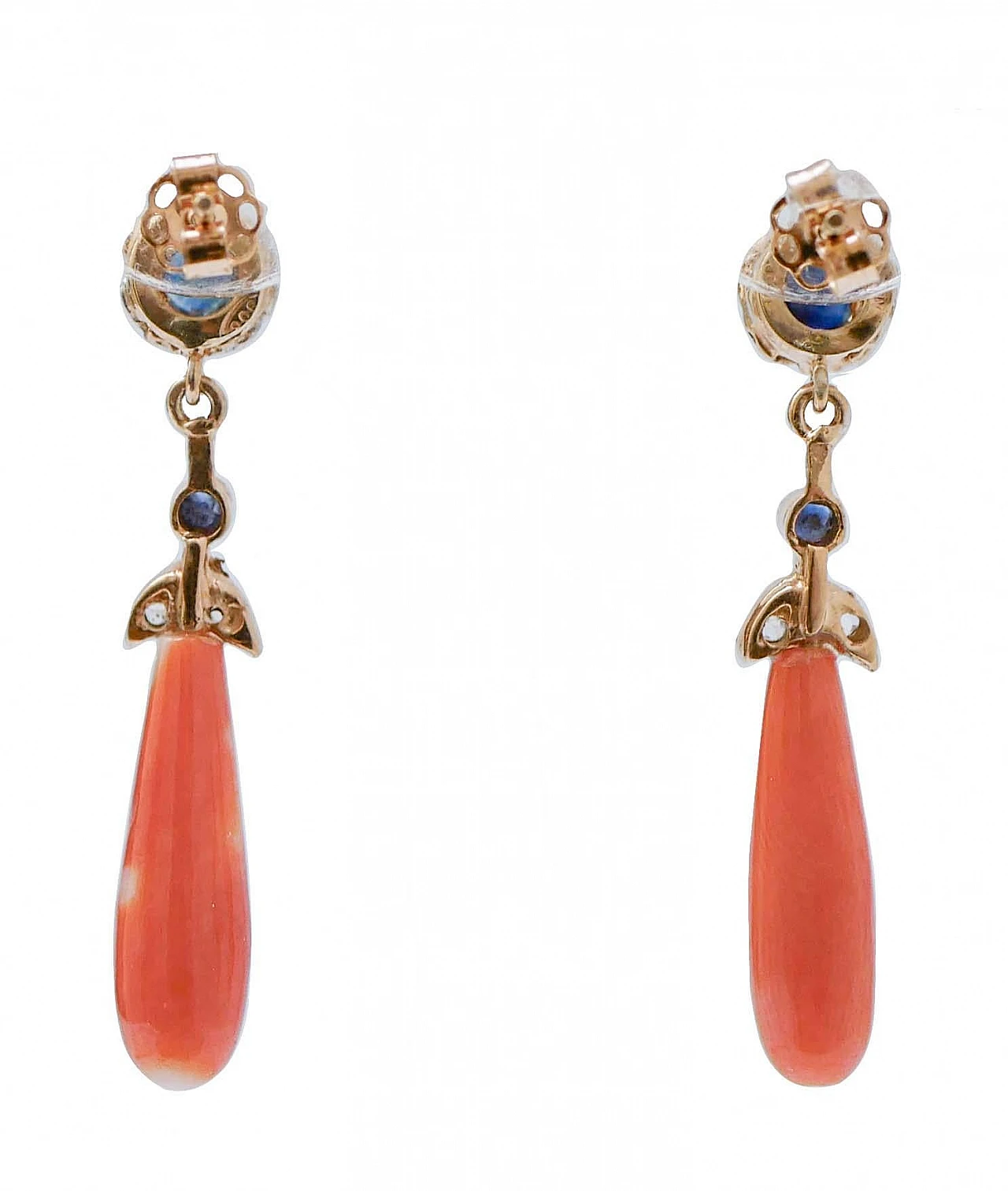 Coppia di Orecchini in oro rosa e argento con corallo e zaffiri 3